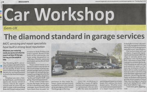 Click Here To Enlarge This Photo Of An article about Gem-Uk Garage came out in our local Newspaper, Worthing Herald 